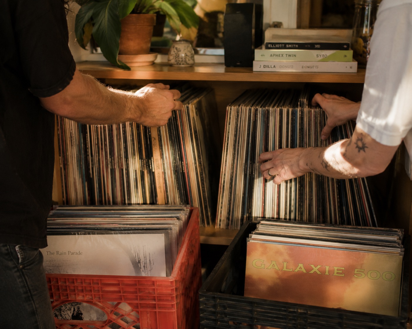 Two record collections being merged onto one shelf