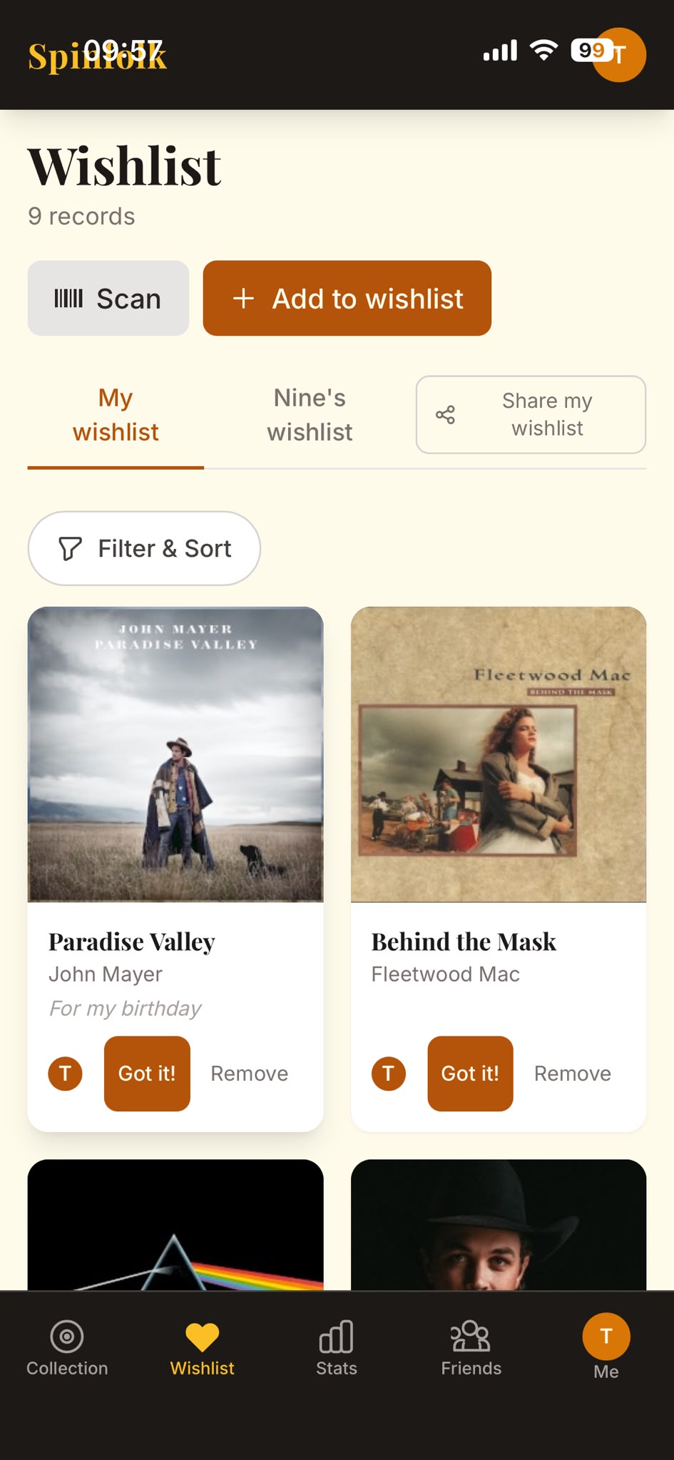 The Spinfolk wishlist screen showing shared wishlist tabs, the Share my wishlist button, and a note visible under one of the records